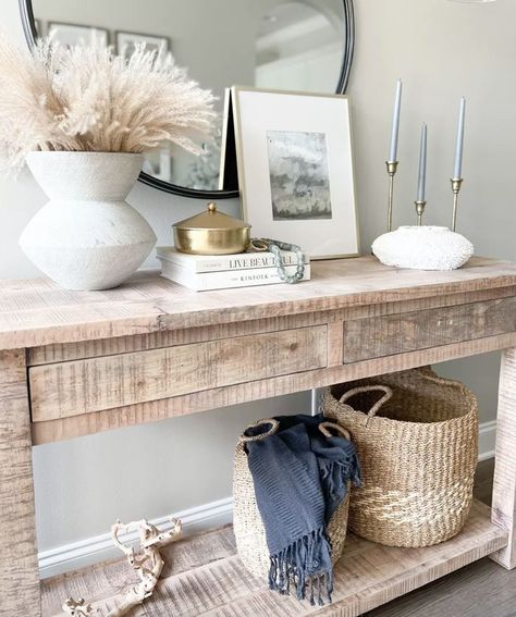 Coastal Entryway Ideas, Style An Entryway, Coastal Foyer, Entryway Styling, Coastal Entryway, Small Foyer, Entryway Style, Dark Wood Table, Entry Table Decor