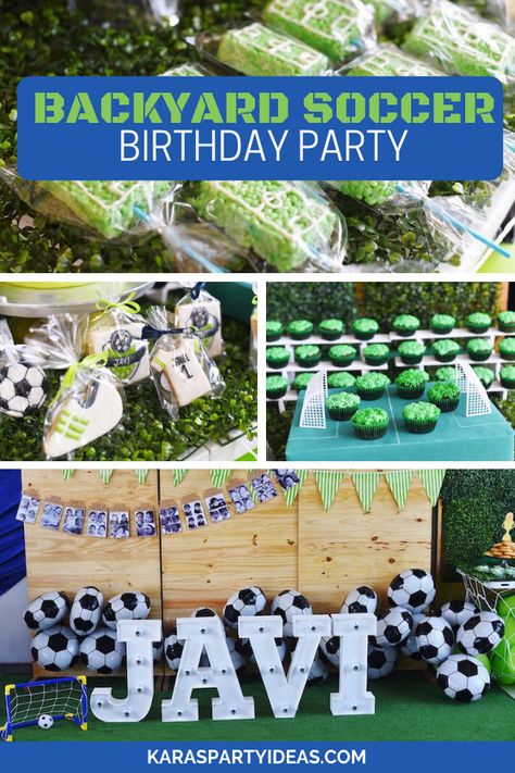 Kara's Party Ideas Backyard Soccer Birthday Party | Kara's Party Ideas Soccer Birthday Party Ideas For Boys, Soccer Party Food, Soccer Birthday Party Ideas, Soccer Themed Birthday Party, Backyard Soccer, Soccer Party Decorations, Soccer Theme Parties, Soccer Birthday Party, Soccer Cake