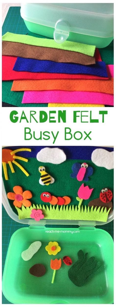 Garden Felt Busy Box Make this fun garden themed busy box from scraps of felt and a lunch box! Perfect for traveling or quiet time! Quiet Time Activities, Busy Boxes, Quiet Activities, Busy Bags, Toddler Fun, Toddler Learning, Quiet Time, Infant Activities, Business For Kids