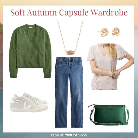 SOFT AUTUMN CAPSULE WARDROBE 7 tops in warm, soft colors 4 bottoms + 2 dresses perfect for Soft Autumn 5 completer pieces to style 4 pair of varied neutral shoes 8 muted and warm accessories Want to learn more about Soft Autumn (or any season)? Comment “EXPLORE” to get the link. #softautumn #softautumncolors #softautumnpalette #softautumnlook #softautumninspo #autumncapsulewardrobe #coloranalysis #seasonalcoloranalysis #12seasons #capsulewardrobe #capsulewardrobechallenge #capsulewardrobeb... Soft Autumn Accessories, Soft Autumn Capsule, Soft Autumn Capsule Wardrobe, Completer Pieces, Radiant Woman, Autumn Capsule Wardrobe, Soft Autumn Palette, Autumn Accessories, Neutral Shoes