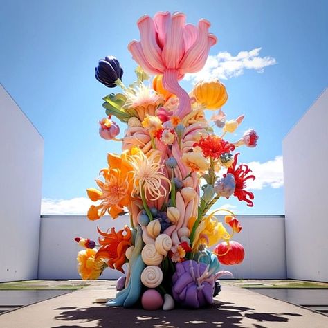 Flower Installation Art, Ken Kelleher, Colorful Art Installations, Colorful Sculpture, Sculpture Flower, Floral Sculpture, Traditional Sculptures, Flower Sculpture, Creative Office