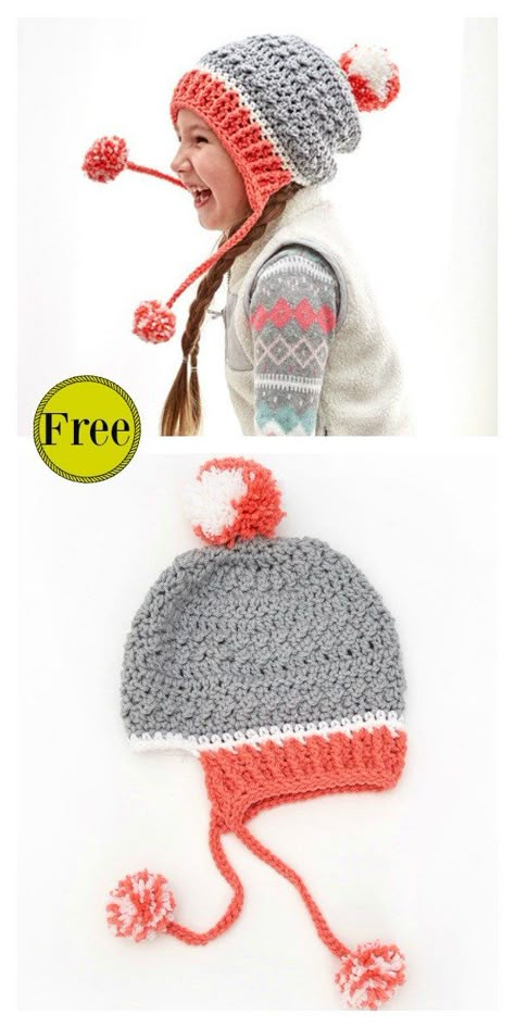 Little Miss Pompom Hat Free Crochet Pattern Crochet Hat Earflap, Hat Free Crochet Pattern, Crochet Baby Cap, Pola Topi, Diy Tricot, Crochet Kids Hats, Crochet Hat Free, Cap Patterns, Crochet Hats Free Pattern