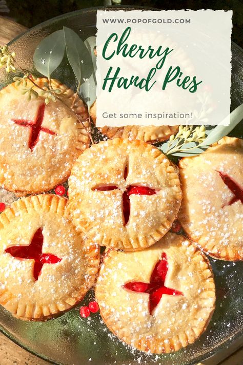 These cherry hand pies are so cute for the holidays! I wanted to show you how to make them because they are so quick and easy! I can't really say this is a recipe, more like instructions. Mainly because there are only 2 ingredients, pre-made pie crust and pre-made cherry pie filling. Ha! "Pre-made" is where the quick and easy comes in. #recipe #cherrypierecipe #handpies Cherry Pie Individual, Baked Cherry Hand Pies, Baked Hand Pies Recipes Fruit, Cherry Hand Pies With Pie Crust, Small Cherry Pies, Cherry Pie Tarts, Hand Pie Mold Recipes, Refrigerator Pie Crust Ideas, Cherry Turnovers With Pie Crust