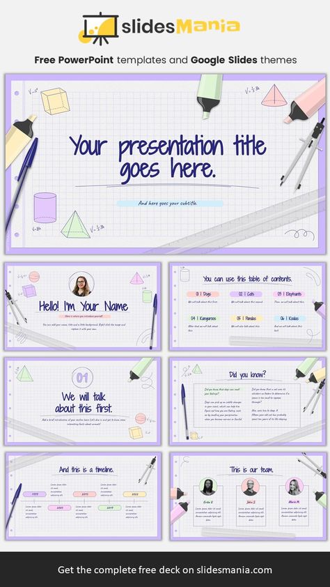 Ready to dive into geometry and volume? This template is perfect for this type of Math. Paper like backgrounds, highlighters, pen, ruler and a compass are featured in this free theme, along with some geometric shapes and their formulas for volume. If you wish to use this template for other subject rather than geometry, you can delete the shapes and formulas and simply use its school backgrounds. Maths Ppt Template, Math Presentation Template, Math Template Powerpoint, Math Presentation Background, Math Ppt Template, Math Ppt Background, Math Powerpoint Templates, Math Presentation, Presentations Ideas