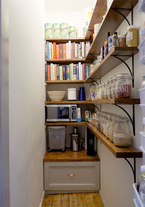 executing on this idea: moving large appliances into the pantry. Under Stairs Pantry, Narrow Pantry, Narrow Closet, Rumah Moden, Pantry Room, Desain Pantry, Corner Pantry, Pantry Remodel, Pantry Cupboard