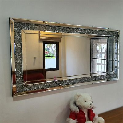 Large Crystal Crush Diamond Rectangle Silver Mirror Wall Hang Frameless Mirror. Mirrors In Living Room, Glam Livingroom, Mirrored Furniture Decor, Mirror Sets, Contemporary Mirrors, Jewel Frames, Baseboard Trim, Curved Wall, White Wall Mirrors