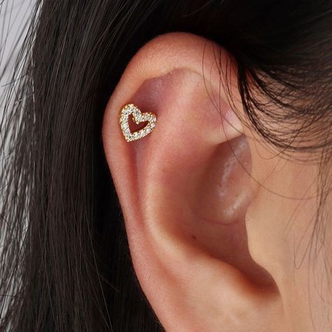 Heart Earings Piercings, Helix Heart Piercing, Heart Cartilage Piercing, Ear Piercings Helix Stud, Flat And Helix Piercing, Cute Helix Piercing, Heart Ear Piercing, Flat Helix Piercing, 3 Ear Piercings