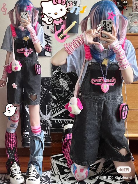 Pastel Y2k Aesthetic Outfits, Colourful Outfit Aesthetics, Pastel Goth 2000s, Y2k J Fashion, Pink Harajuku Fashion, Kawaii Outfits With Jeans, Y2k Fashion Pink, 2000s Alt Fashion, Creepy Cute Outfits