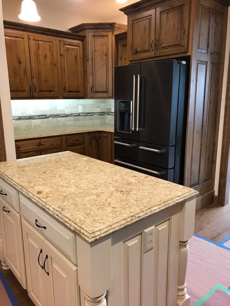 (115) Knotty Alder w Golden Oak stain and Black Glaze | Kitchen Cabinets Photo Gallery Oak Cabinets Black Island, Knotty Alder Stained Cabinets, Alder Stained Cabinets, Glaze Kitchen Cabinets, Knotty Alder Stain, Alder Kitchen Cabinets, Alder Kitchen, Golden Oak Stain, Glazed Kitchen Cabinets