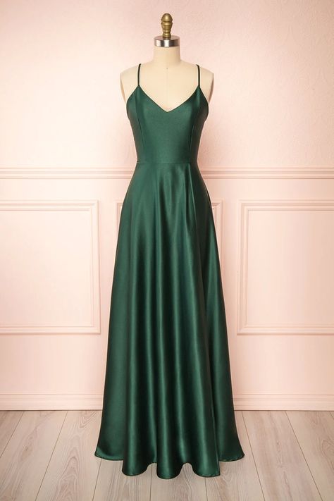 Emerald Green Prom Dress Long Satin, Forest Green Silk Dress, Prom Dress Forest Green, Forest Green Grad Dresses, Prom Dresses Green Dark, Dark Green Grad Dress, Dark Green Elegant Dress, Forest Green Dress Prom, Forest Green Dress Formal