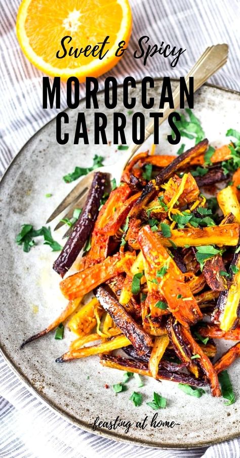 Sweet and Spicy Roasted Moroccan Carrots- with cumin, cinnamon and orange. A Delicious vegan side dish or serve over seasoned lentils for a hearty vegetarian meal. | www.feastingathome.com #carrots #roastedcarrots #moroccancarrots #vegan #vegansalad #cleaneating Moroccan Carrots Recipe, Moroccan Spiced Carrots, Middle Eastern Carrots, Middle Eastern Roasted Carrots, Mediterranean Carrots, Carrot Salsa, Seasoned Lentils, Cumin Carrots, Moroccan Side Dishes