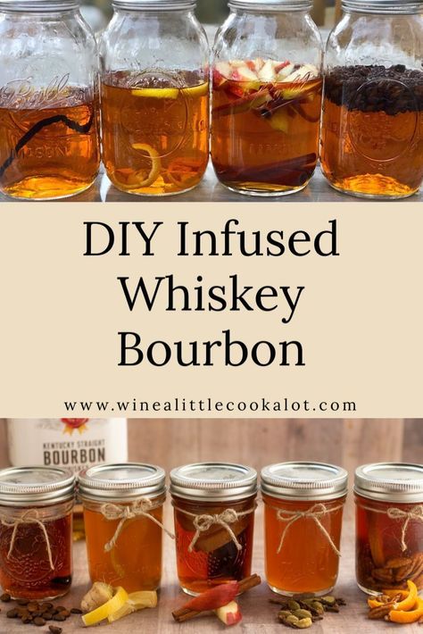 DIY infused whiskey bourbon makes an easy homemade gift. Try flavors like coffee whiskey, apple cinnamon, or orange pecan whiskey. #whiskey #bourbon #homemadegift Infused Bourbon Gifts, How To Infuse Whiskey, Apple Infused Bourbon, Diy Infused Liquor, Pecan Infused Bourbon, Diy Infused Whiskey, Fruit Infused Whiskey, Apple Pie Infused Bourbon, Banana Infused Bourbon