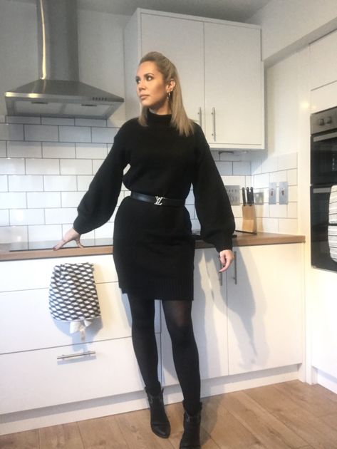 Black jumper dress - everything5pounds. Louis Vuitton belt. Black western ankle boots - Newlook. Black opaque tights - Primark. Black Sweater Dress With Belt, Louis Vuitton Belt Outfit, Black Jumper Dress Outfit, Leather Ankle Boots Outfit, Black Western Ankle Boots, Black Belt Outfit, Black Louis Vuitton Belt, Jumper Dress Outfit, Black Opaque Tights