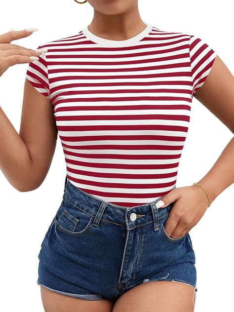 LilyCoco Women's Striped Tshirt Cap Short Sleeve Tops Crew Neck Fitted Summer Shirts Red White Striped Large at Amazon Women’s Clothing store Midnight Poppyland, Outfit Rojo, Striped Tshirt, Striped Shirt Women, Stripped Tops, Short Sleeve Tops, Red And White Stripes, Amazon Women, Summer Shirts