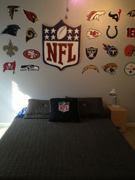 Son's NFL bedroom Nfl Themed Bedroom, Nfl Room Ideas, Nfl Bedroom Boys, Nfl Bedroom Ideas, Kids Football Bedroom, Football Bedroom Ideas For Boys, Football Bedroom Ideas, Nfl Bedroom, Football Theme Bedroom