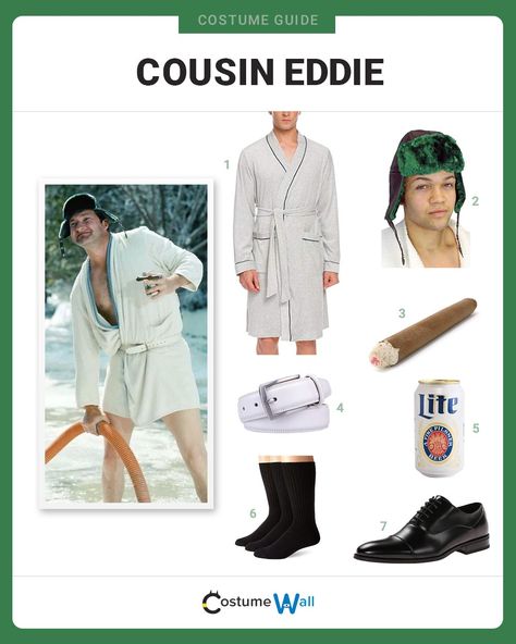 Dress like the happy-go-lucky Cousin Eddie who appears in the movie, National Lampoon's Christmas Vacation. Uncle Eddy Costume Christmas Vacation, Eddie Christmas Vacation Costume, National Lampoons Christmas Vacation Costume Ideas, National Lampoons Christmas Vacation Halloween Costumes, Cousin Eddy Costume, Dress Like Your Favorite Christmas Movie, Movie Character Party Costumes, Christmas Vacation Costumes Diy, Christmas Movies Costumes