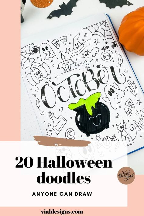 Halloween doodle ideas for Bullet Journaling | Easy to draw Halloween doodle step-by-step tutorial | Bujo Halloween Easy Doodle Ideas #vialdesigns #halloweendoodles #easydoodlingideas Halloween Card Drawing Ideas, Cute Drawing Ideas Step By Step, Halloween Doodles Simple Cute, Halloween Marker Drawings, Halloween Lettering Ideas, October Doodles Easy, Witch Doodles Easy, Halloween Ideas To Draw, Halloween Drawings Ideas Sketches Easy