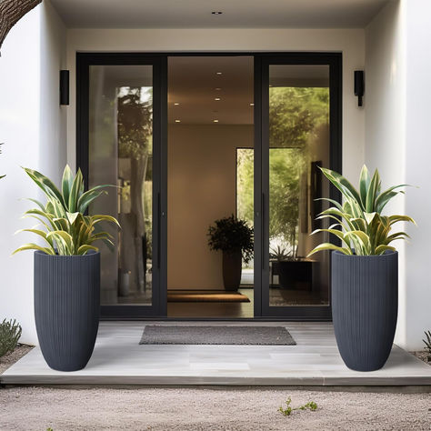 Florida Planters Front Porches, Plants For House Entrance, Front Planters Landscaping, Large Pots In Front Of House, Pots In Front Of House, Indoor Patio Decorating Ideas, Entrance Plants Outdoor, Large Potted Plants Outdoor, Entry Plants