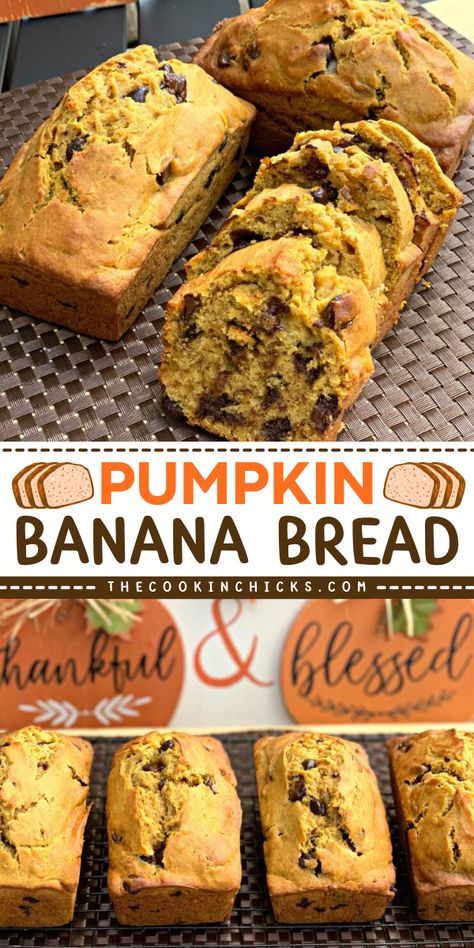 Enjoy this Pumpkin Banana Bread with your family and friends. This flavorful quick bread is an easy Fall recipe that   is match with your hot chocolate or coffee drinks.  This pumpkin food idea is perfect for breakfast, as a snack or evening sweet treat! Pumpkin Food, The Cookin Chicks, Recipes With Yeast, Pumpkin Banana Bread, Delicious Chicken Dinners, Chicke Recipes, Savory Pumpkin Recipes, Pumpkin Banana, Egg Recipes For Breakfast