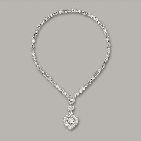 DIAMOND PENDANT NECKLACE. Suspending a heart-shaped diamond weighing approximately 3.30 carats, decorated and surmounted by old mine-cut and pear-shaped diamonds, to a necklace composed of pear-shaped and circular-cut diamonds, the diamonds together weighing approximately 23.20 carats, mounted in 18 karat white gold, pendant detachable. Heart Shape Diamond Necklace, Luxury Classic Pear-shaped Diamond Necklace, Luxury Elegant Pear-shaped Diamond Necklace, Luxury Pear-shaped Necklaces With Diamond Accents, Exquisite Pear-shaped Diamond Necklace, Luxury Exquisite Pear-shaped Necklaces, Latest Gold Jewellery, Neck Pieces Jewelry, Big Necklace