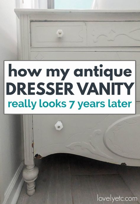 I'm spilling all the details about how my antique dresser bathroom vanity has really held up after seven years of use by my family of five. If you've ever considered turning a dresser into a bathroom vanity, read this first to see if it's really a good idea. White Dresser In Bathroom, Making A Dresser Into A Bathroom Vanity, Antique Dresser As Vanity, Diy Dresser Vanity Bathroom, Furniture Turned Into Bathroom Vanity, Vanity From Dresser, Antique Dresser Bathroom Vanity, Sideboard Bathroom Vanity, Dresser Sink Vanity