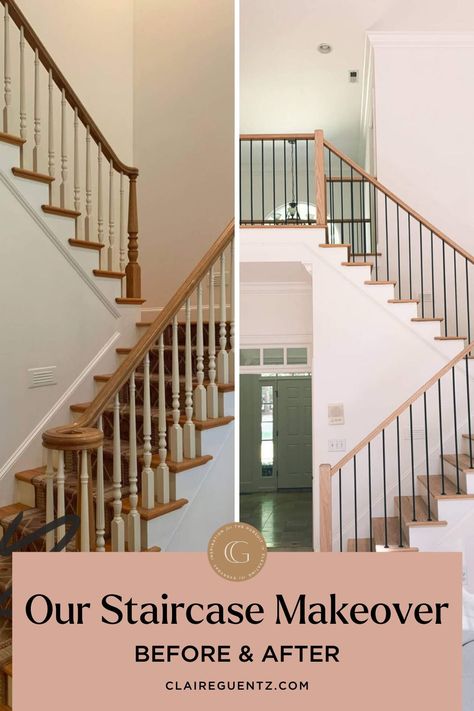 Modern Staircase Railing Unique, Modern Staircase Lighting, Modern Farmhouse Staircase, Modern Staircase Railing, Redo Stairs, Stair Railing Makeover, Diy Stair Railing, Stairs Makeover Ideas, Home Ideas Kitchen