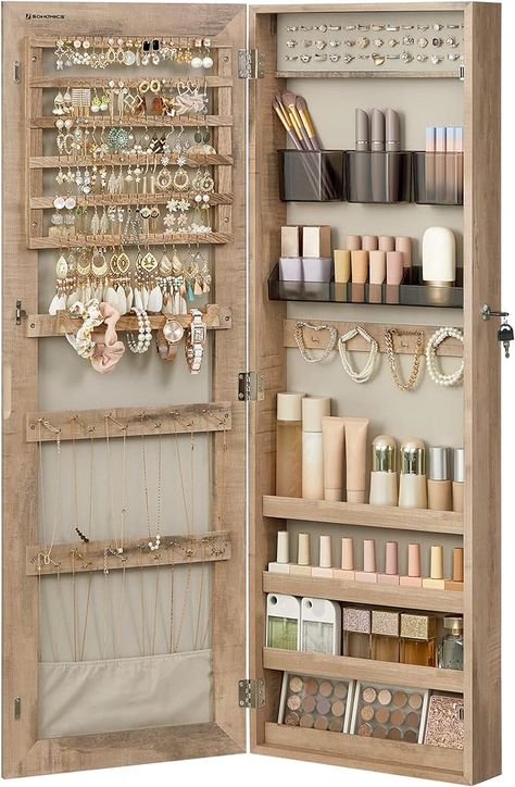 Amazon.com: SONGMICS Mirror Jewelry Cabinet Armoire, Wall or Door Mounted Jewelry Storage Organizer, Hanging Lockable Frameless Mirror Cabinet with 2 Cosmetic Organizers, Gift Idea, Toasted Oak Color UJJC001N01 : Office Products Diy Jewelry Cabinet, Diy Earring Organizer, Jewelry Storage Wall, Jewlery Storage, Jewelry Storage Cabinet, Wall Mirrors With Storage, Clothing Rack Bedroom, Jewelry Organizer Diy Wall, Jewelry Storage Diy