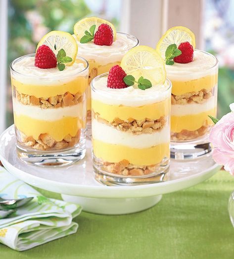 Creamy Lemon Parfaits Layered Parfait Desserts, Lemon Parfait Cups, Lemon Cake Cups, Lemon Curd Parfait, Lemon Parfait Desserts, Parfait Cake, Dessert Sampler, Rainbow Picnic, Lemon Parfait