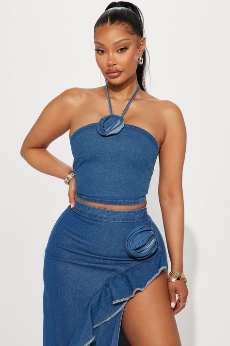 Women's Karlie Rose Denim Skirt Set in Medium Wash Size 1X by Fashion Nova Denim Two Piece Outfit, Baddie Era, Denim Two Piece, Denim Skirt Set, Jodie Joe, Jean Set, Black Romper Shorts, 2piece Outfits, Chic Dress Classy