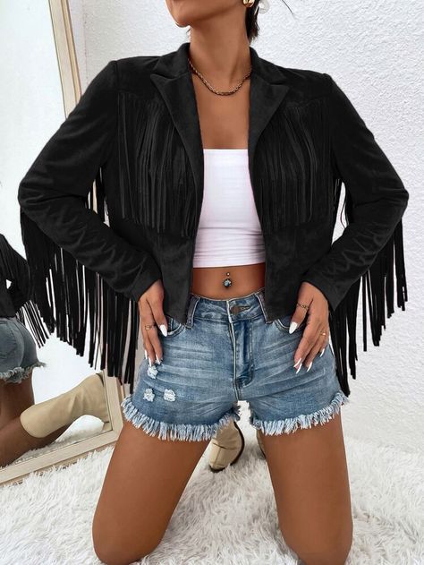 Fringe Trim Open Front Jacket | SHEIN USA Bat Jacket, Suede Jacket Women, Faux Leather Motorcycle Jacket, Lapel Design, Bat Sleeves, Cropped Moto Jacket, Blazer Casual, Looks Country, Suede Fringe Jacket