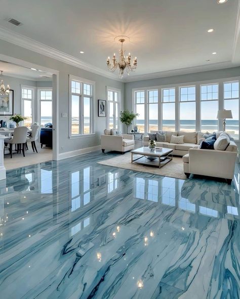 Large Luxury Living Room, Light Blue House Interior, Ocean Inspired Living Room, White Flooring Living Room, Blue Aesthetic House, Greece Living Room, Blue Marble Flooring, Florida House Decor, Blue Home Design