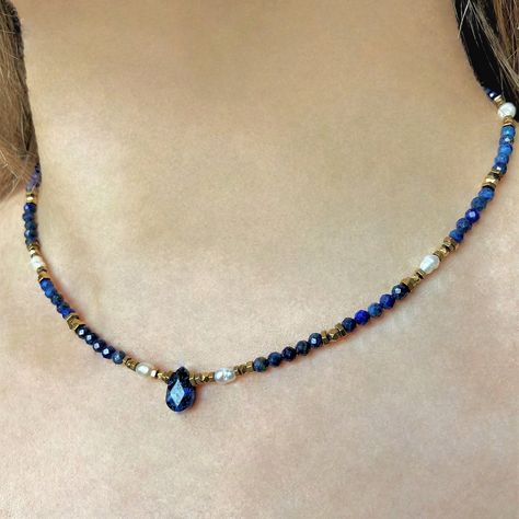 Beaded delicat necklace choker made of natural faceted blue lapis lazuli stone, fresh water pearl and 18k. gold filled hematite beads. The centrale part of necklace is decorated with a drop-shaped lapis stone. Necklace is suitable for everyday wear and special occasions. A great gift idea for women. Necklace assembled on a durable jewelry wire. Diametre of stone- 3mm. Adjustable length 15.4 inch + 2 in. extension chain. Nickel-free stainless steel lobster clasp. Red Gemstone Necklace, Tiny Heart Necklace, Fresh Water Pearl Necklace, Crystal Bead Jewelry, Blue Stone Necklace, Pearl Beaded Necklace, Semiprecious Stone Jewelry, Lapis Necklace, Beaded Earrings Tutorials