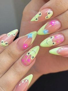 Pink And Purple Nails Almond, Simple Pattern Nails, Frog Nails Designs, Purple And Green Nails, Pink Green Nails, Egg Nail Art, French Frog, Frog Nails, Funny Nails