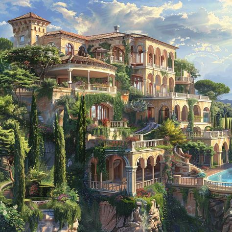 Mediterranean Style Mansion Dreams Unleashed with Luxurious Living • 333+ Images • [ArtFacade] Mediterranean House Architecture, Tree House Mansion, Mansion Fantasy Art, Fantasy Mansion Concept Art, Switzerland Mansion, Mansion Hillside, Fantasy Mansion Art, Hill House Design, Mansion On A Hill