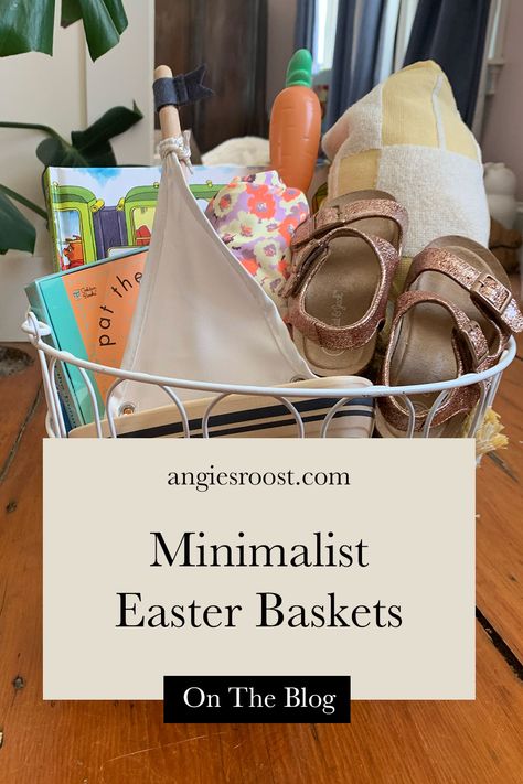 Last Easter I adopted a minimalist mindset when it came to easter basket ideas for our children. I stuck to what they needed (bathing suits and sandals), books (because they're important to our family culture), and a few consumable treats. Click through to the blog for a big list of minimalist Easter basket ideas for kids and all the details on what we included in their baskets. Minimal Easter Basket, Minimalist Easter Basket, Modern Easter Basket, Garden Easter Basket, Minimal Easter, Easter Baskets For Kids, Simple Easter Baskets, Minimalist Mindset, Giant Bubble Wands