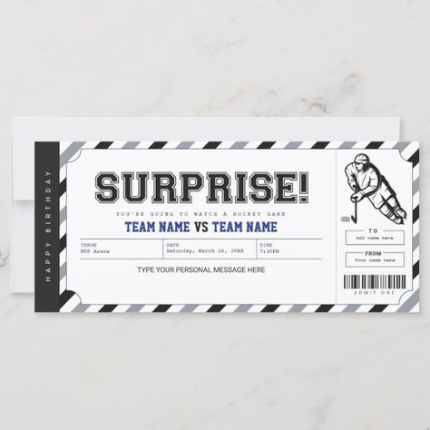 Surprise Hockey Game Gift Ticket Template Surprise Hockey, Vehicles Party, Game Ticket, Construction Theme Party, Surprise Birthday Gifts, Game Tickets, Ticket Design, Hockey Game, Ticket Template