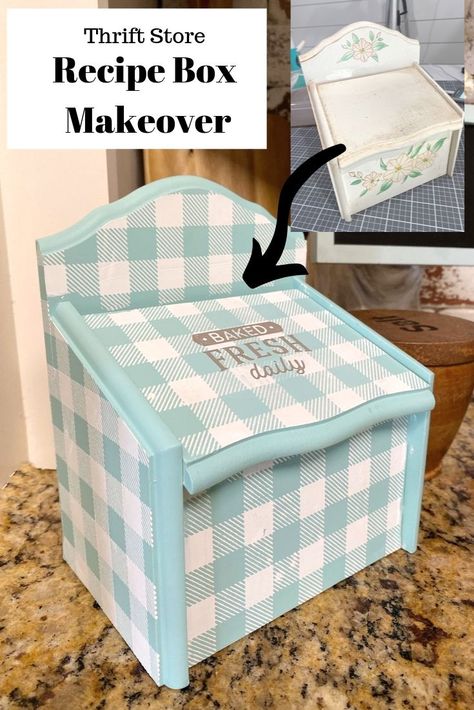 Recipe Box Makeover from the thrift store Recipe Box Makeover, Rustic Candles Diy, Diy Thrift Store Crafts, Recipe Organizer, Box Makeover, Shabby Chic Wreath, Thrift Store Furniture, Thrift Store Crafts, Rustic Candle Holders