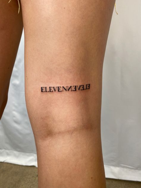 Dainty tattoo on the back of my leg 🤪 1111 Tattoo Back Of Arm, Words Placement Tattoos, Tattoos For Alignment, 22 Tattoos Number, Legs Quotes Women, Unique 11:11 Tattoos, 11:11tattoo Ideas, Words Leg Tattoo, Minimalist Knee Tattoo