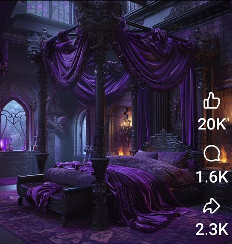 Purple Gothic Bedroom, Gothic Bedroom Aesthetic, Dark Purple Bedroom, Vampire Bedroom, Vampire Room, Gothic Interior Design, Moody Purple, Bedroom Purple, Goth Bedroom