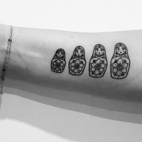 Babushka Tattoo Small, Matryoshka Dolls Tattoo, Russian Matryoshka Doll Tattoo, Tattoo Ideas Russian, Nesting Dolls Tattoo, Russian Dolls Tattoo, Russian Doll Tattoo Small, Russian Tattoo Ideas, Doll Tattoo Ideas