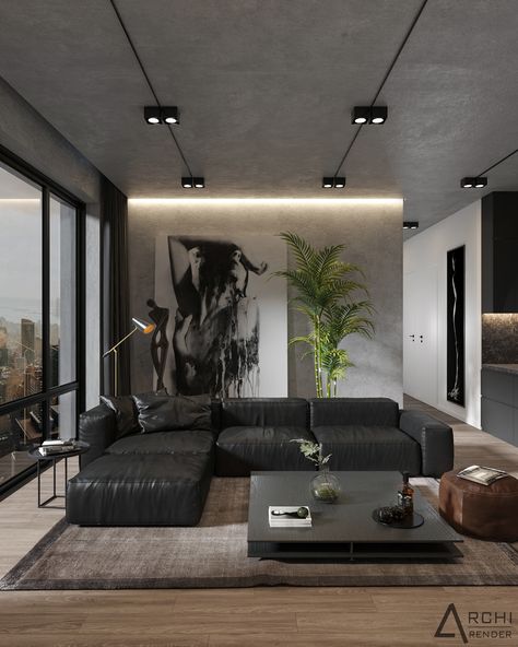 Modern Apartment Living Room, Dark Living Rooms, Black Living Room, Apartment Living Room Design, Loft Interiors, Appartement Design, 아파트 인테리어, Living Room Design Decor, Home Design Living Room