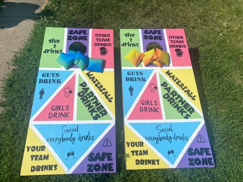 Cornhole Drinking Boards, Cornhole Board Ideas Design, Drinking Game Cornhole Board, Custom Painted Cornhole Boards, Bean Bag Toss Board Design, Cornhole Boards Designs Drinking Game, Corn Hole Drinking Game, Painted Corn Hole Boards Ideas, College Cornhole Boards Designs