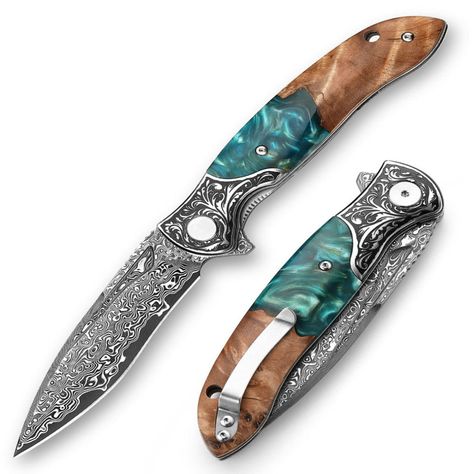 Ares Handmade Personalized VG-10 Damascus Folding Hunting Knife - 8.6" Overall - Exotic Olive Burl Wood & Turquoise Resin Scales, Under lock Pocket Knife with Hand Stitched Leather Sheath, Knife Sharpening, Spare Pocket Knife Sharpener & Personalized Damascus Blade Detail:The blade is carefully made by, combining 1095 & VG10 Steel through layering, welding, and hammering. This process makes each blade have its own special design, like a fingerprint. Each knife is a unique work of art.Damascus steel has outstanding properties such as strength and hardness. We amplify its properties by oil quenching it at 2100 deg F to cool it down fast and we do it twice to make sure it’s hard to its inner core to withstand any kind of work you may put it to use. It achieves a 58 or higher HRC on the Rockwe Cool Custom Knifes, Wooden Pocket Knife, Damascus Pocket Knife, Knife Drawing, Turquoise Resin, Pretty Knives, Unique Pockets, Carpentry Projects, Country Jewelry