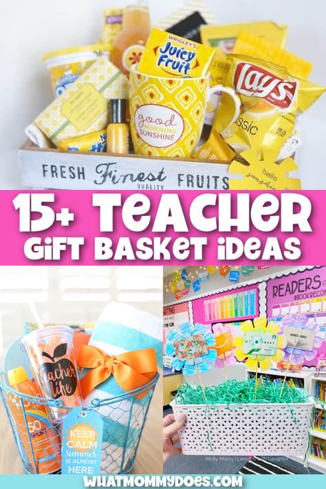 15 Teacher Gift Basket Ideas to Show Your Appreciation - What Mommy Does Teacher Gift Basket Ideas, Teacher Appreciation Gift Baskets, Teacher Gift Basket, Principal Appreciation Gifts, Summer Gift Baskets, Unique Teacher Appreciation Gifts, Gift Card Bouquet, Teachers Appreciation Week Gifts, Appreciation Gifts Diy