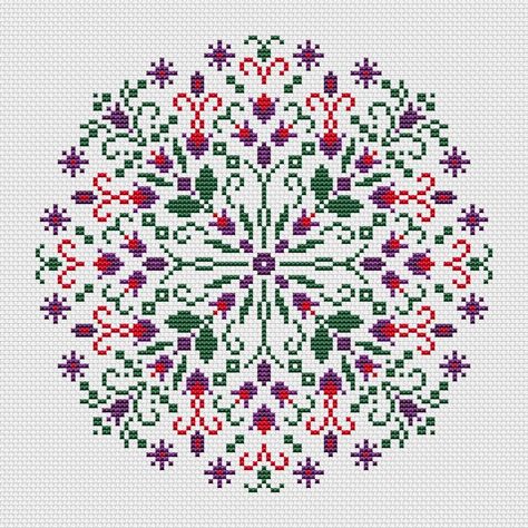 Folk Cross Stitch, Mandala Cross Stitch, Mandala Cross, Autumn Cross Stitch Patterns, Flower Cross Stitch, Traditional Flower, Cross Stitch Border Pattern, Folk Floral, Flower Cross