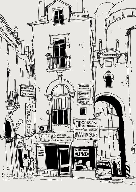 Comic Book Frames, City Sketch, Building Sketch, Building Drawing, Line Sketch, Architecture Drawing Art, Architectural Sketch, Sketch A Day, City Illustration