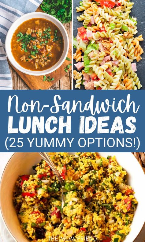 Collage of non-sandwich lunch ideas for adults to take to work or meal prep. Lunches For Adults, Lunch Ideas Packed, Simple Lunch Recipes, Easy Lunch Prep, Healthy Cold Lunches, Easy Packed Lunch, Non Sandwich Lunches, Pasta Lunch, Healthy Packed Lunches