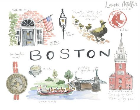 Digital print of original watercolor illustration of Boston vignettes.Available in 8x10, and 11x14 sizes. Printed with archival inks and paper and shipped in a sturdy cardboard mailer inside cellophane. Vignettes Illustration, Boston Sketch, Boston Watercolor, Gallery Wall Themes, Boston Graphic, Watercolor Mini, Boston Poster, Boston Print, Valentines Illustration