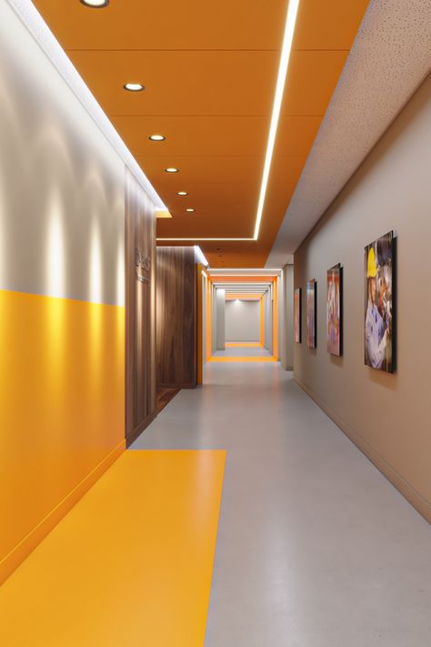 Vibrant pops of color on the walls and ceiling highlight this corporate design for a large European Multinational Company. Office Values Wall, Sport Office Design, Sport Interior Design, Coworking Space Design Open Plan, Company Reception Design, Corridor Wall Design, Company Wall Design, Office Corridor Design, Colorful Corridor