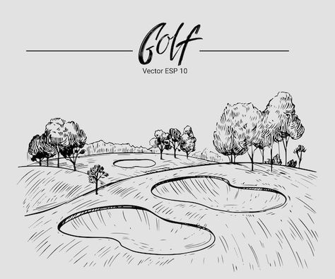 Golf Course Art, Golf Course Illustration, Golf Course Logo, Golf Course Drawing, Golf Design Graphic, Golf Sketch, Shaadi Card, Golf Man Cave, Etching Illustration